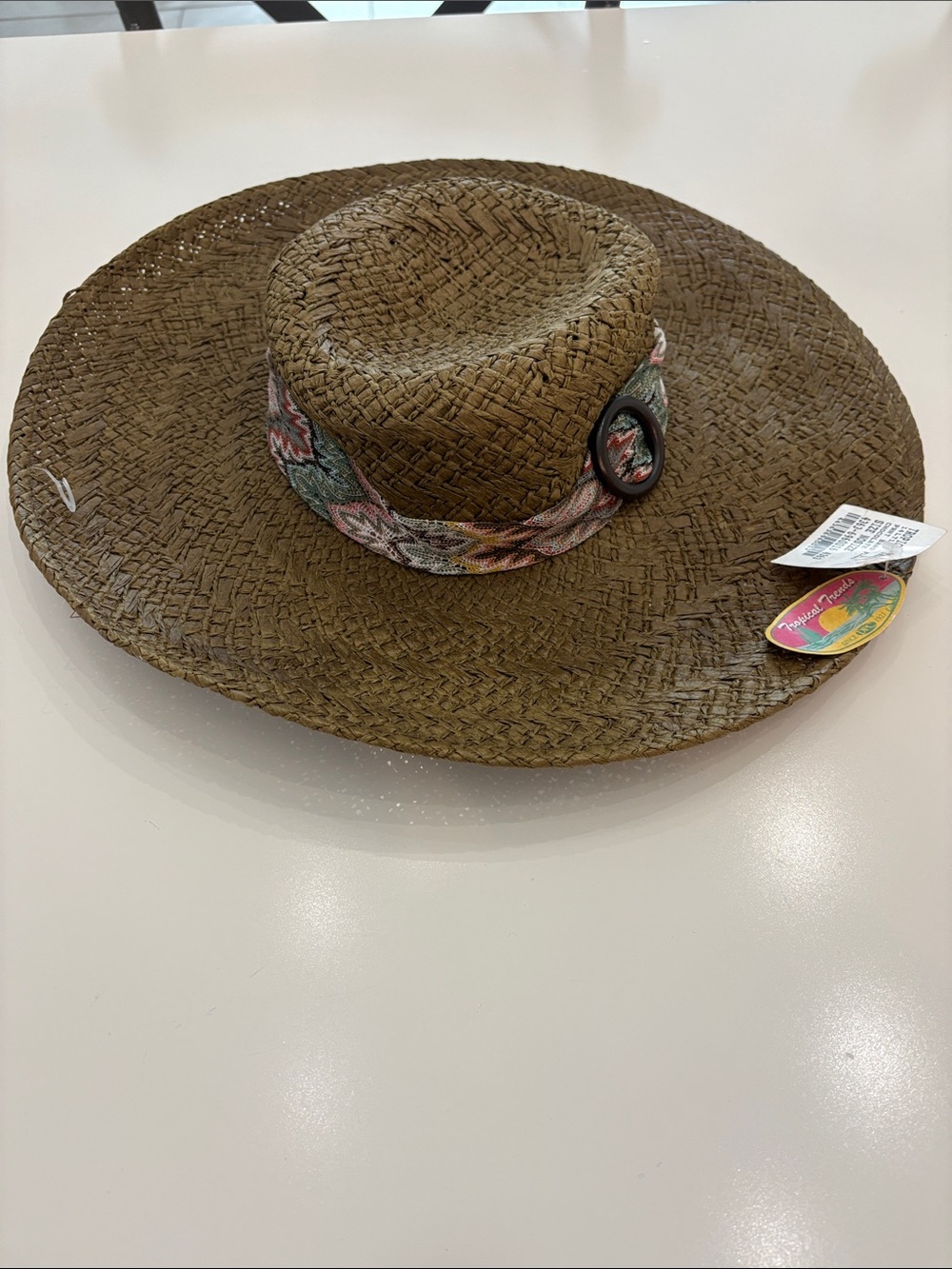 NWT Tropical Trends Dorfman Pacific Chocolate Straw Floppy Sun Hat Boho Band